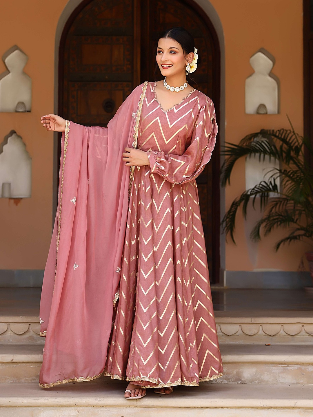 

Lirose Geometric Printed Jacquard Maxi Ethnic Dress With Dupatta, Pink