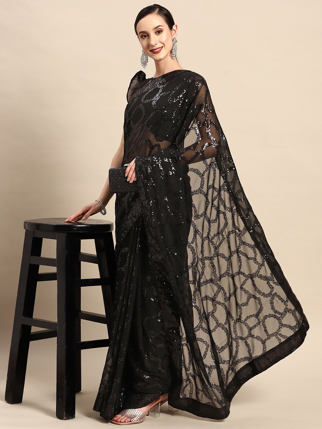 

Mitera Black Embellished Sequinned Pure Georgette Saree