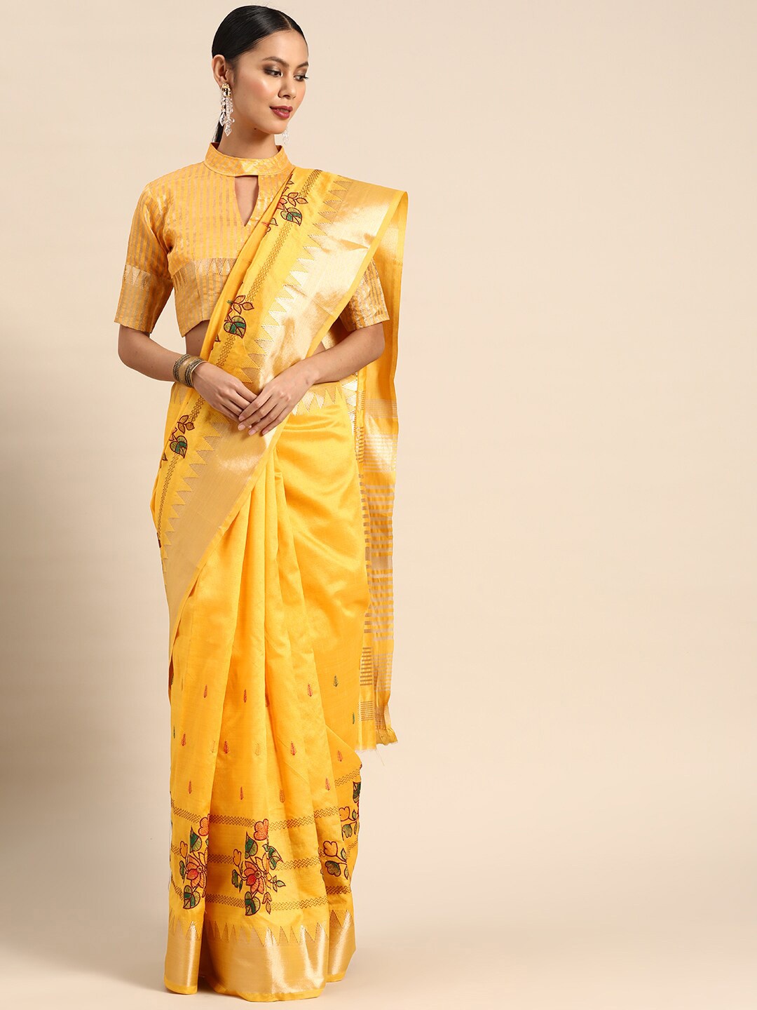 

Mitera Yellow & Green Floral Embroidered Silk Cotton Saree