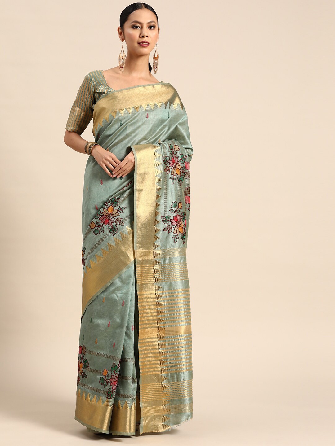 

Mitera Green & Peach-Coloured Ethnic Motifs Embroidered Silk Cotton Saree