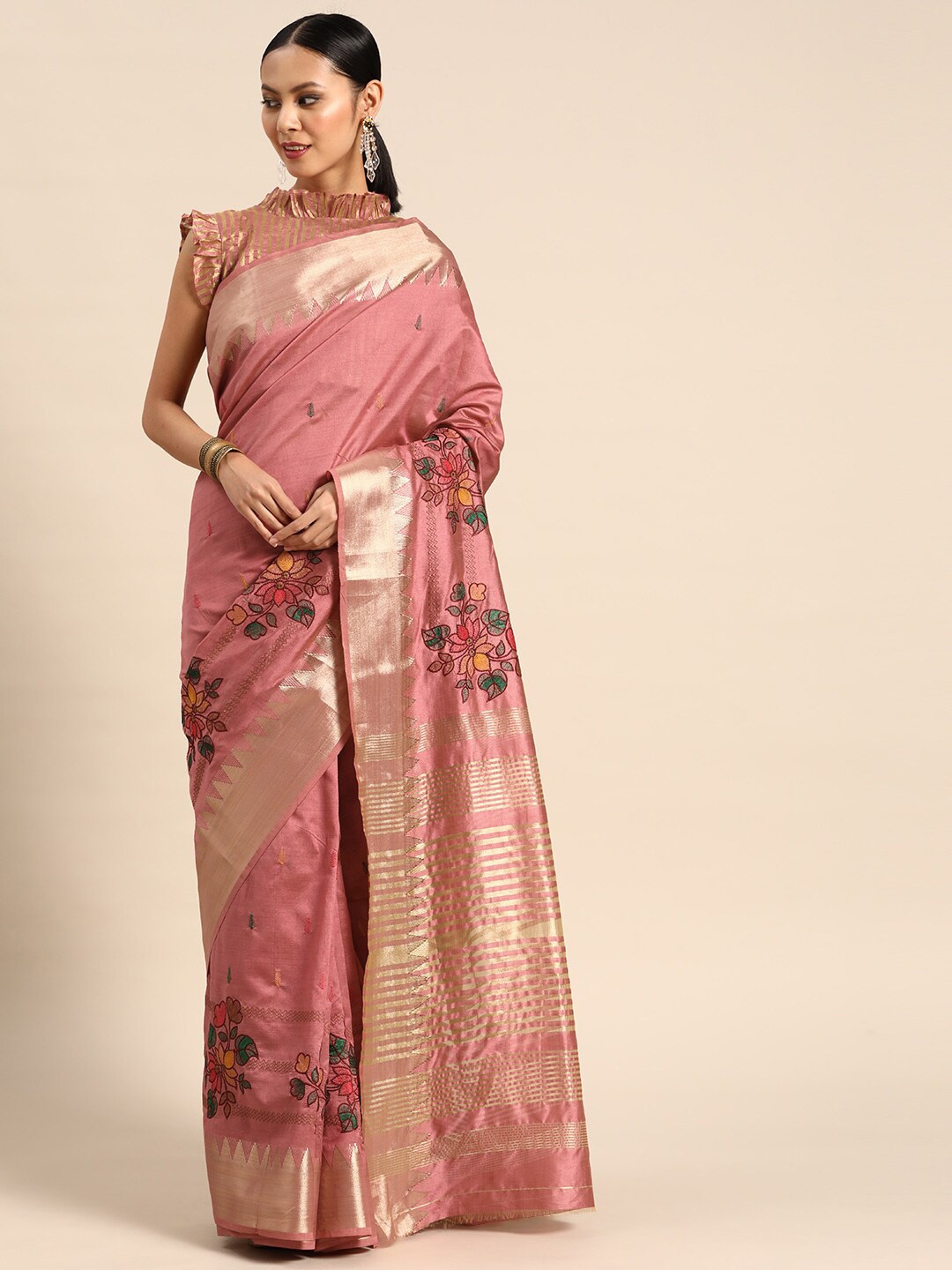 

Mitera Pink & Green Floral Embroidered Silk Cotton Saree