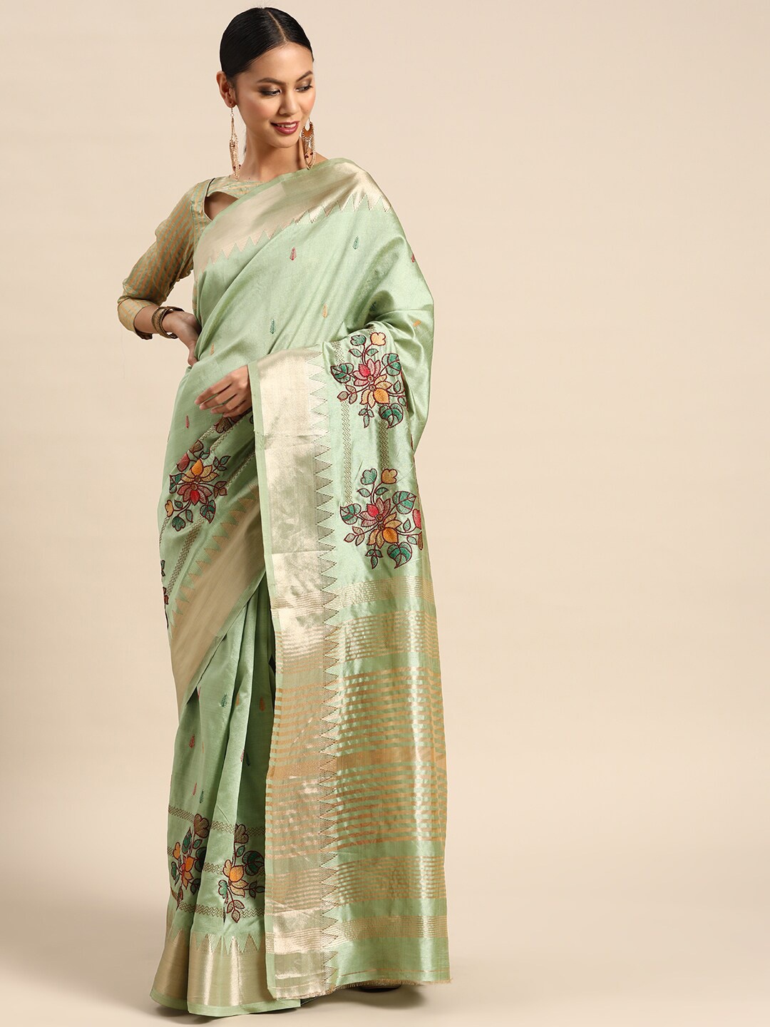 

Mitera Green & Pink Floral Embroidered Silk Cotton Saree