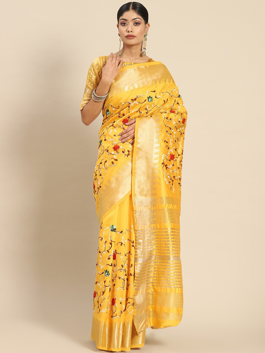 

Mitera Yellow & Red Floral Embroidered Silk Cotton Saree