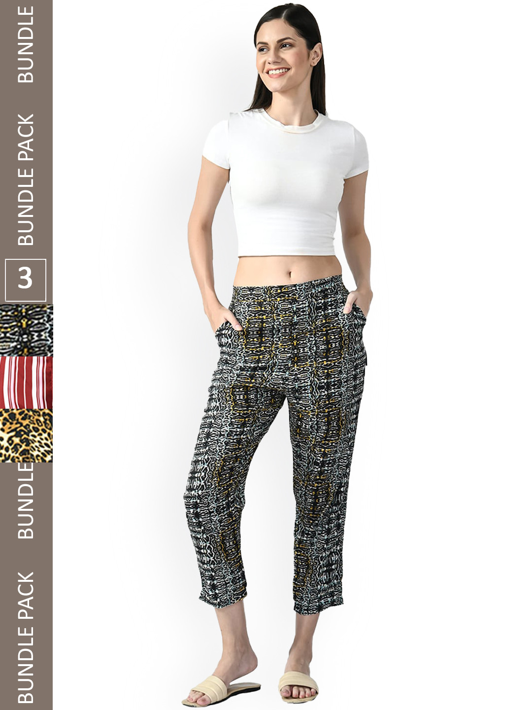 

IndiWeaves Women Pack Of 3 Relaxed Straight Leg Straight Fit Printed High-Rise Trousers, Black