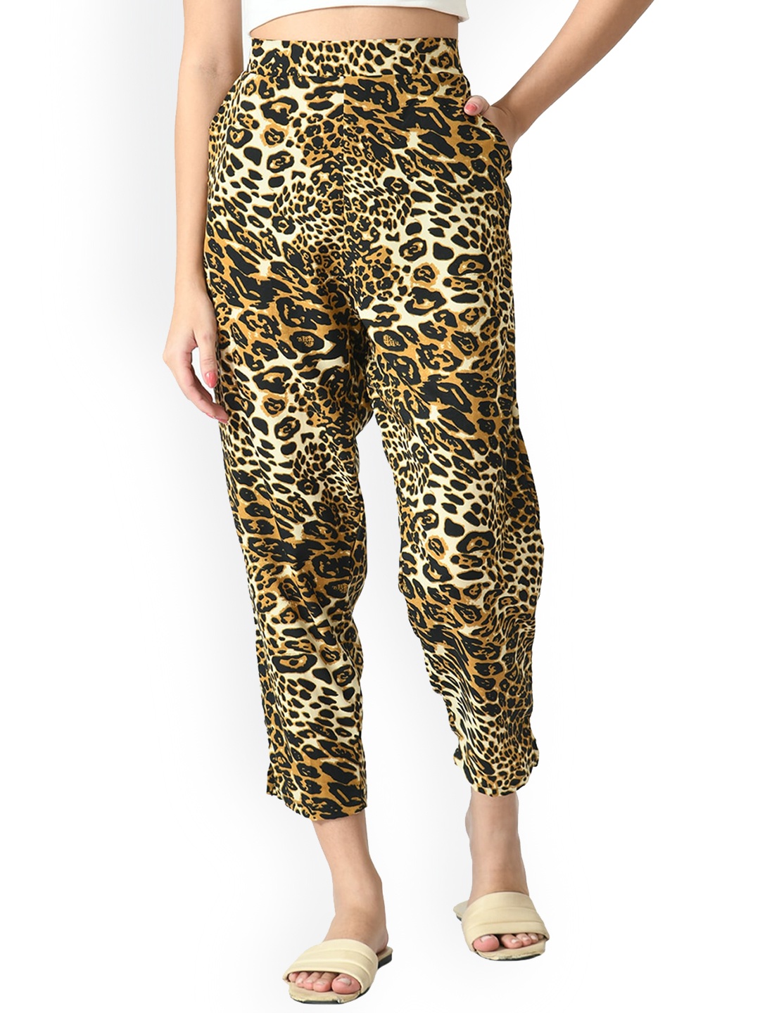 

IndiWeaves Women Relaxed Straight Leg Animal Printed Straight Fit High-Rise Trousers, Brown