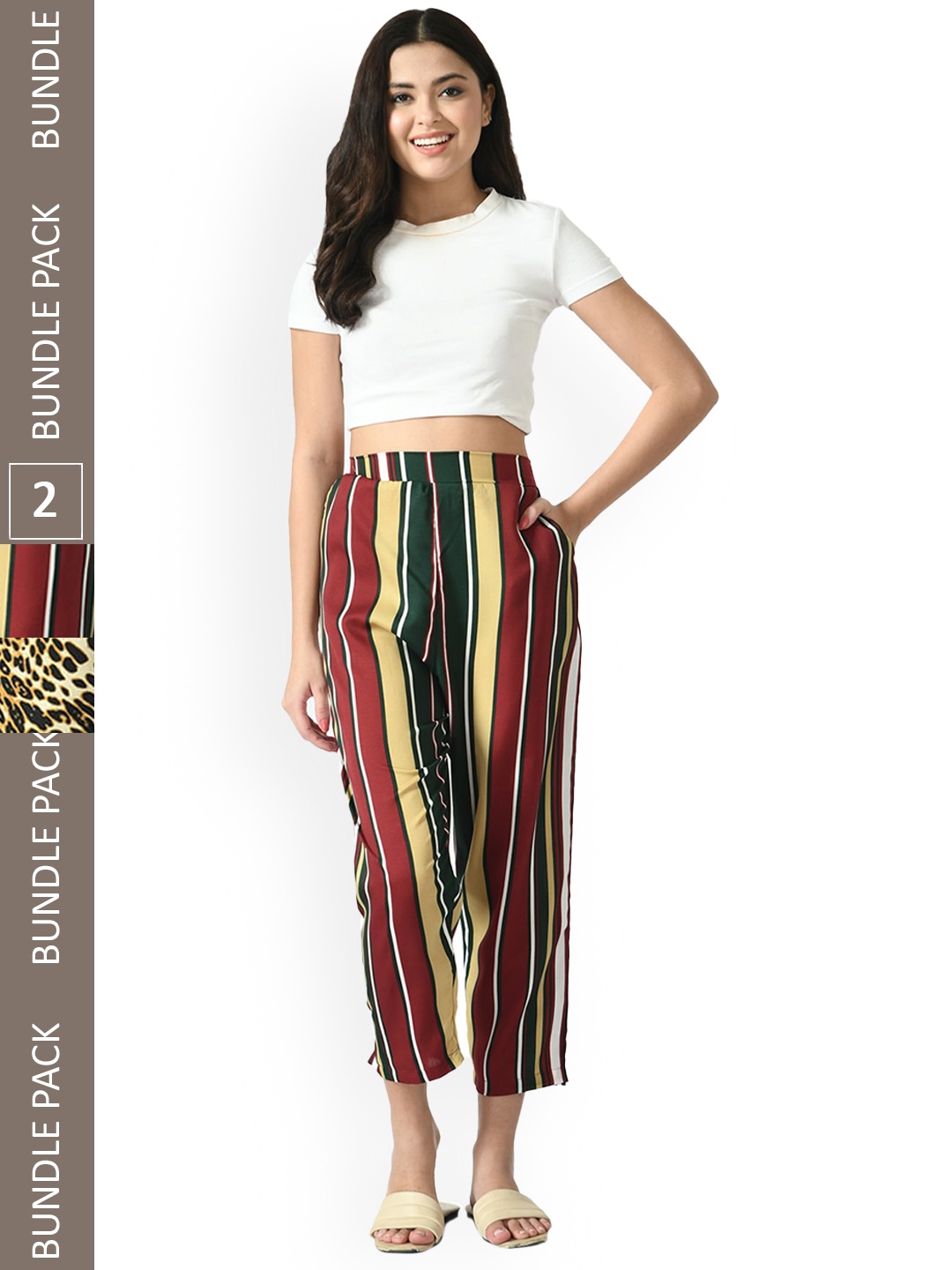 

IndiWeaves Women Relaxed Straight Leg Pack of 2 High-Rise Striped Straight Fit Trousers, Maroon