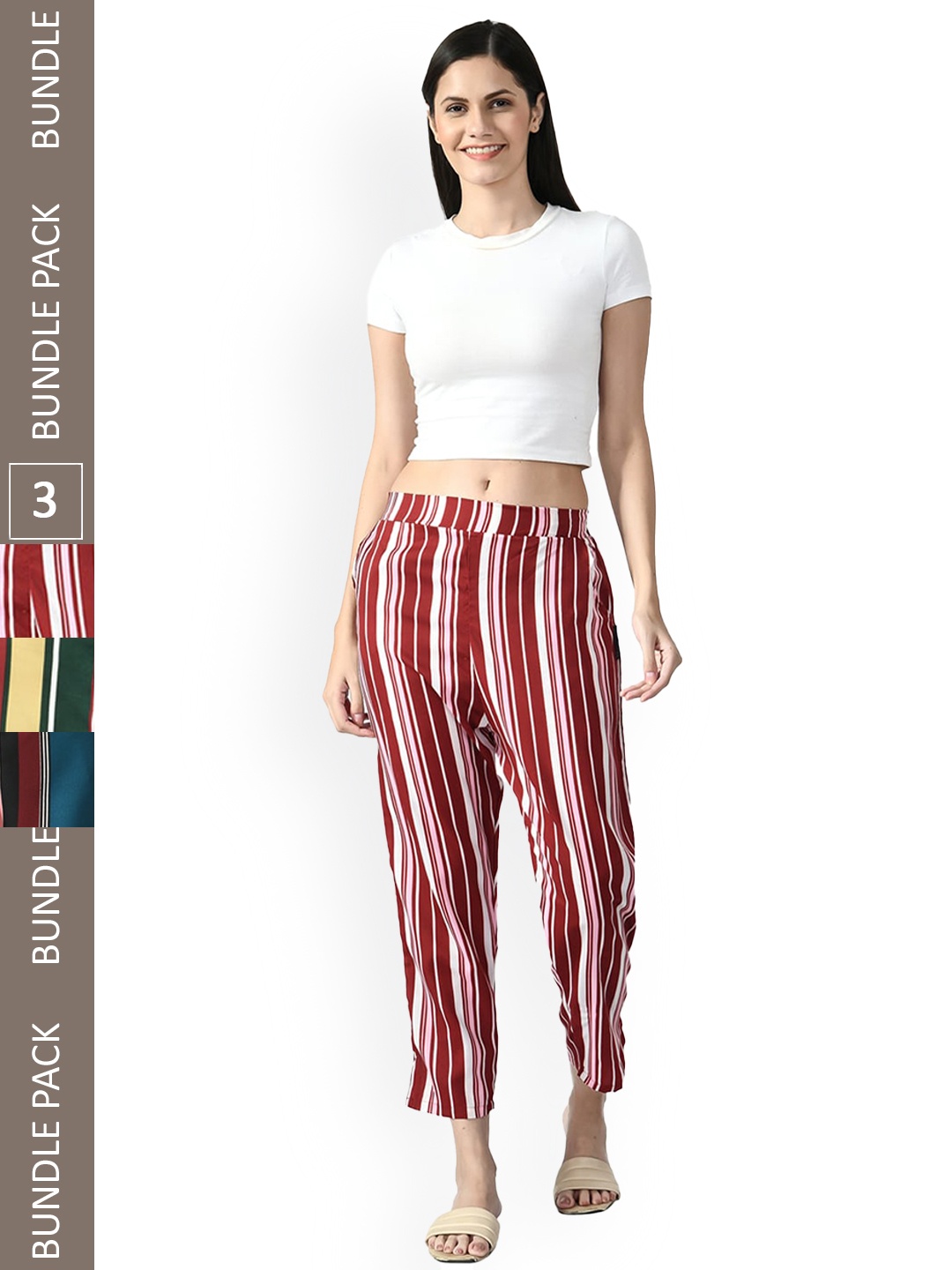 

IndiWeaves Women Relaxed Straight Leg Pack of 3 High-Rise Striped Straight Fit Trousers, Maroon