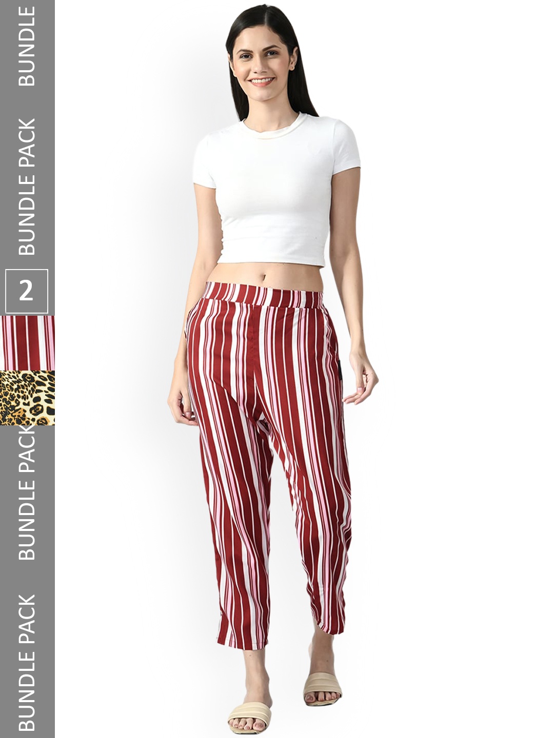 

IndiWeaves Women Pack Of 2 Relaxed Straight Leg Printed Straight Fit High-Rise Trousers, Maroon