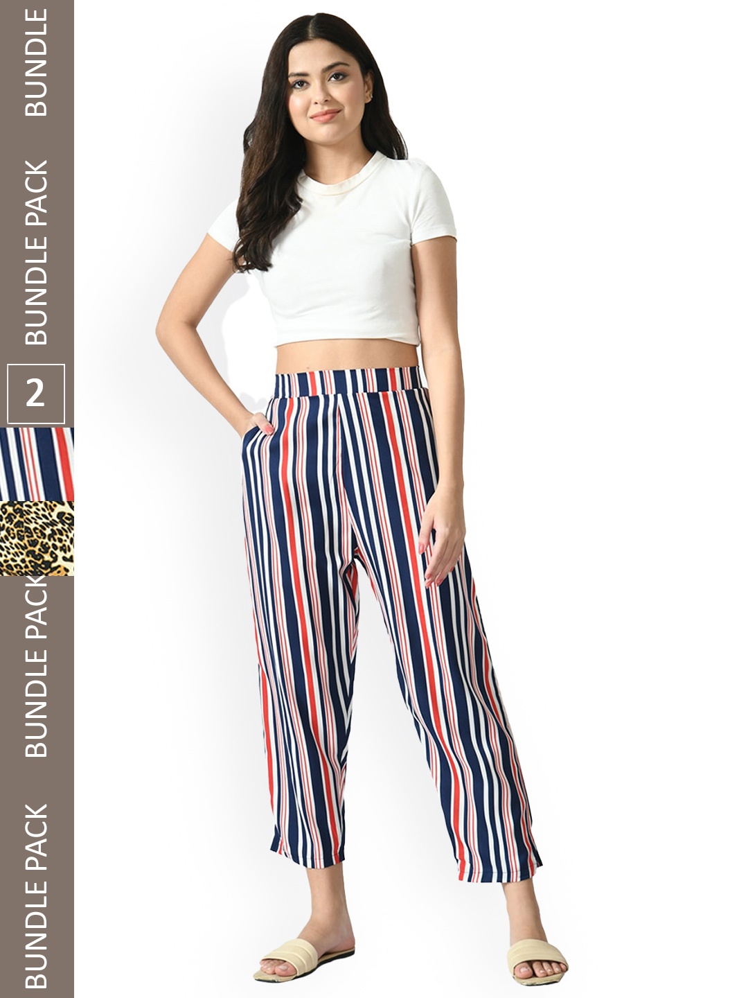

IndiWeaves Women Pack Of 2 Relaxed Straight Leg Straight Fit Printed High-Rise Trousers, Pink