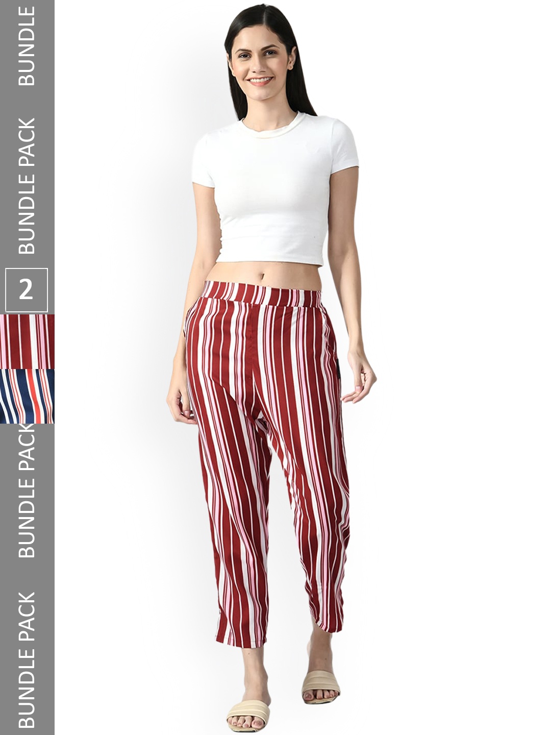 

IndiWeaves Women Relaxed Straight Leg Pack of 2 High-Rise Striped Straight Fit Trousers, Maroon