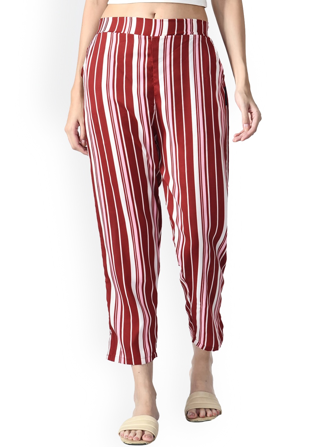 

IndiWeaves Women Relaxed Straight Leg High-Rise Striped Straight Fit Trousers, Maroon