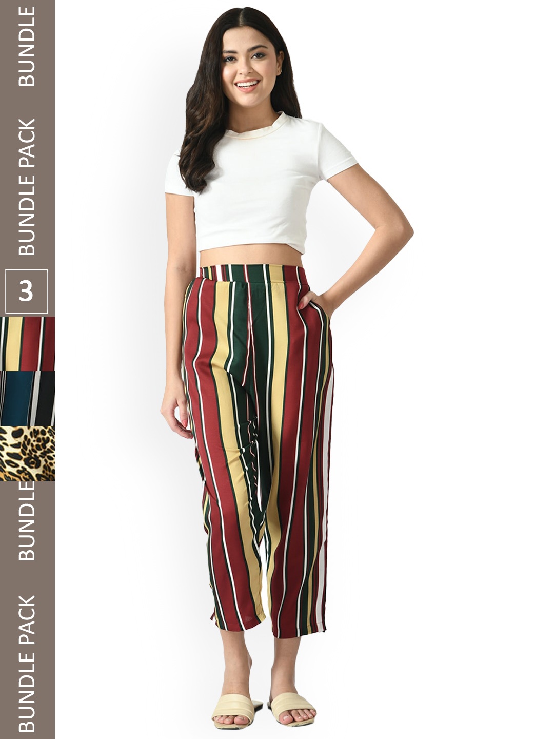 

IndiWeaves Women Pack Of 3 Relaxed Straight Leg Straight Fit Printed High-Rise Trousers, Maroon