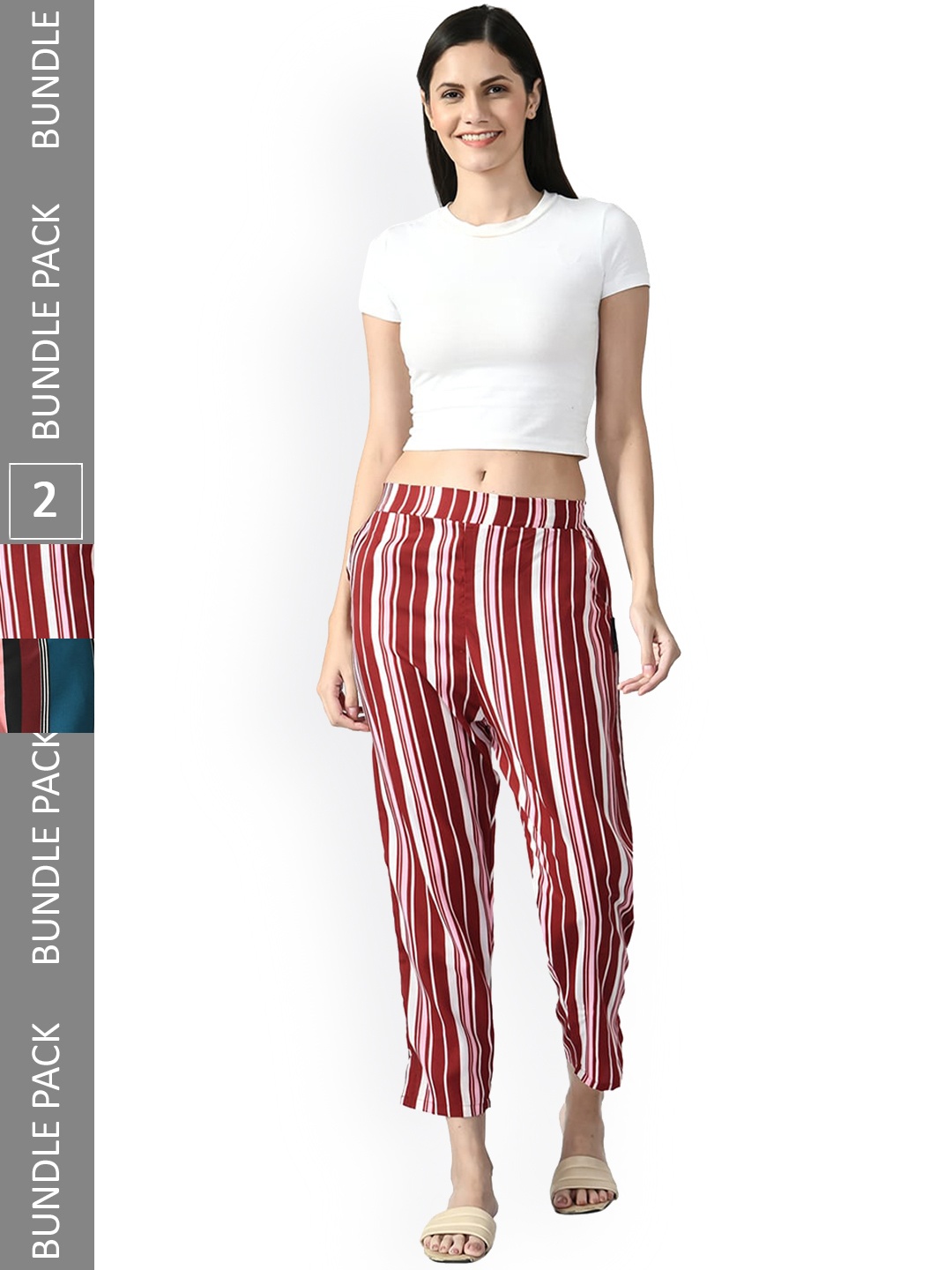 

IndiWeaves Women Pack Of 2 Relaxed Straight Leg Striped Straight Fit High-Rise Trousers, Maroon