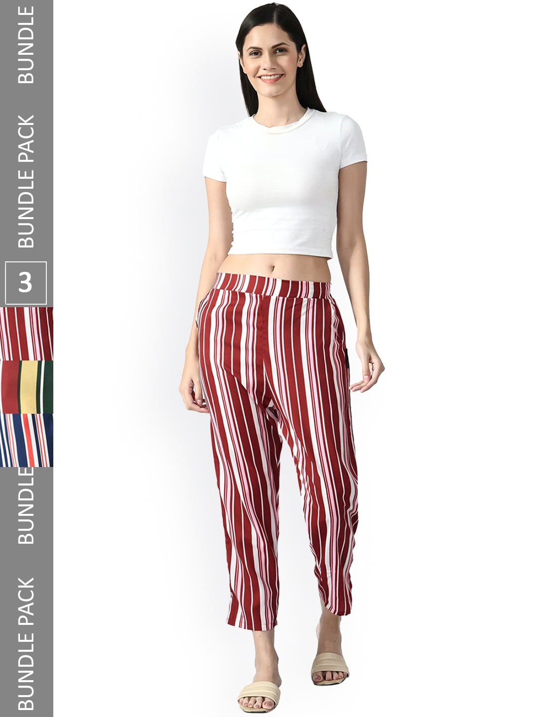 

IndiWeaves Women Relaxed Straight Leg Pack of 3 High-Rise Striped Straight Fit Trousers, Maroon