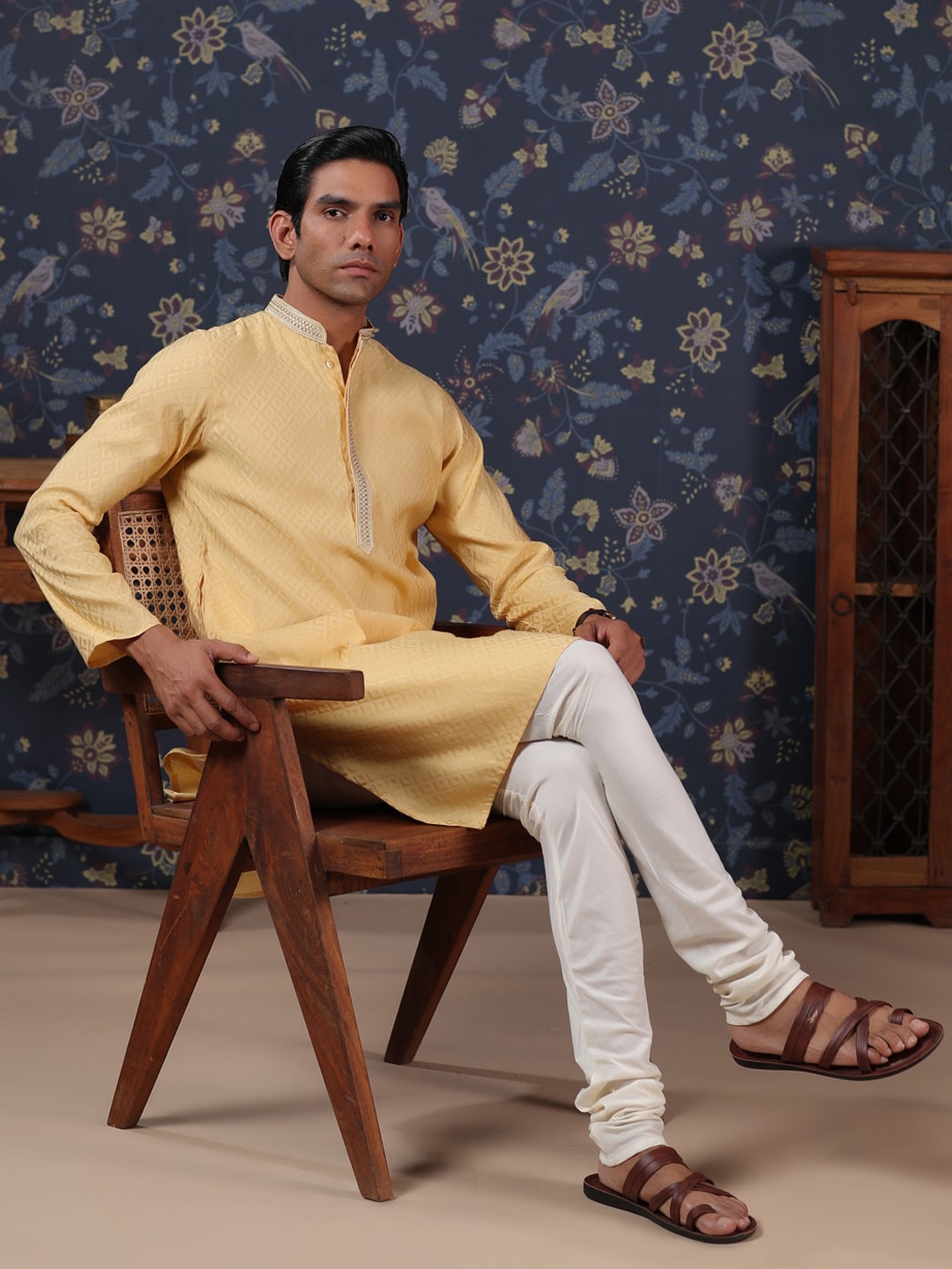 

House of Pataudi Woven Design Pure Cotton Kurta with Churidar, Beige