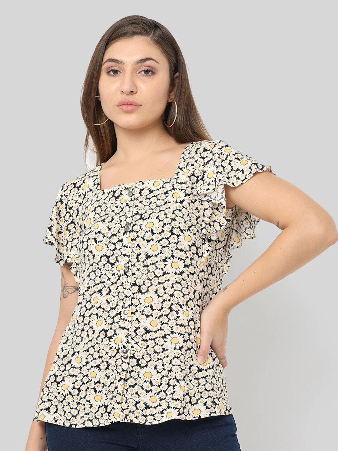 

GLORY & I Floral Printed Square Neck Ruffles Cotton Top, Black