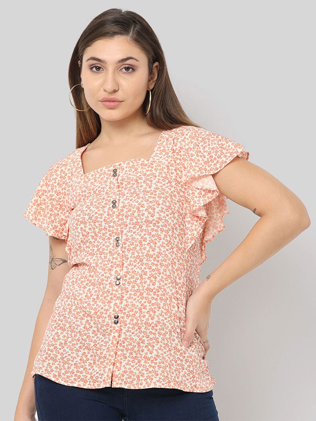 

GLORY & I Floral Printed Square Neck Flutter Sleeve Ruffles Regular Top, Off white