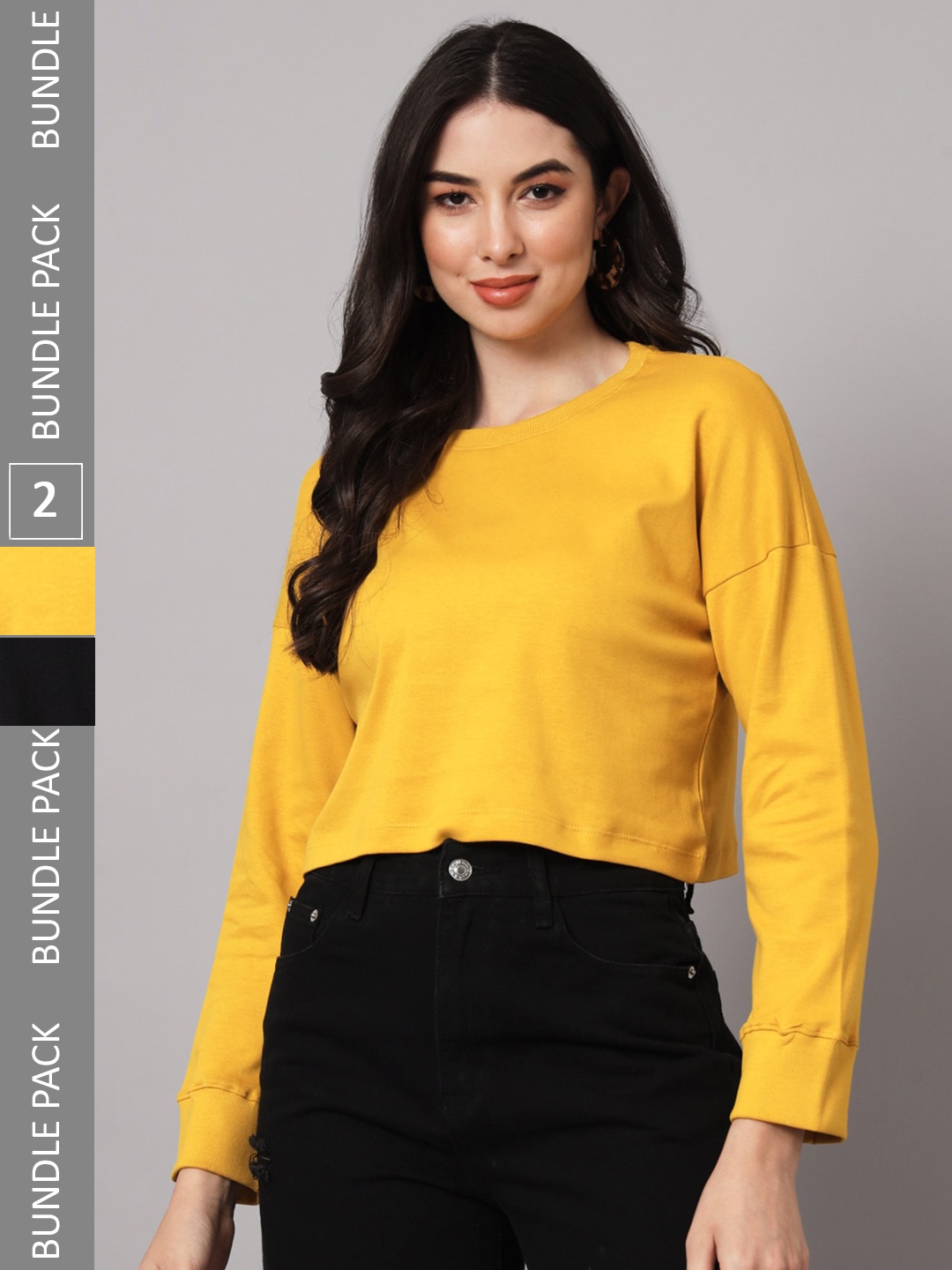 

GUTI Women Pack of 2 Oversized Cotton Crop T-shirts, Yellow