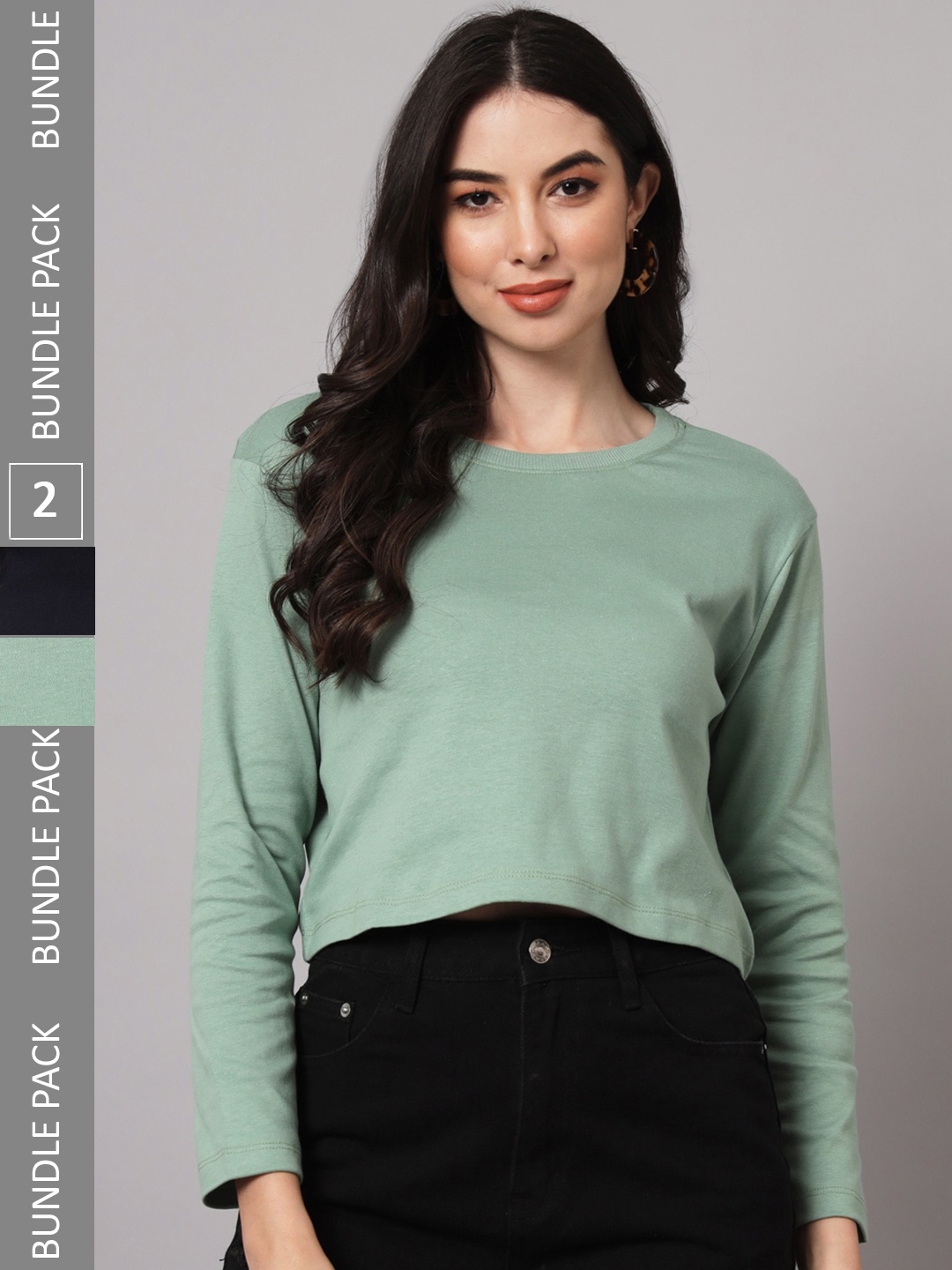 

GUTI Women Pack of 2 Loose Cotton Crop T-shirts, Green