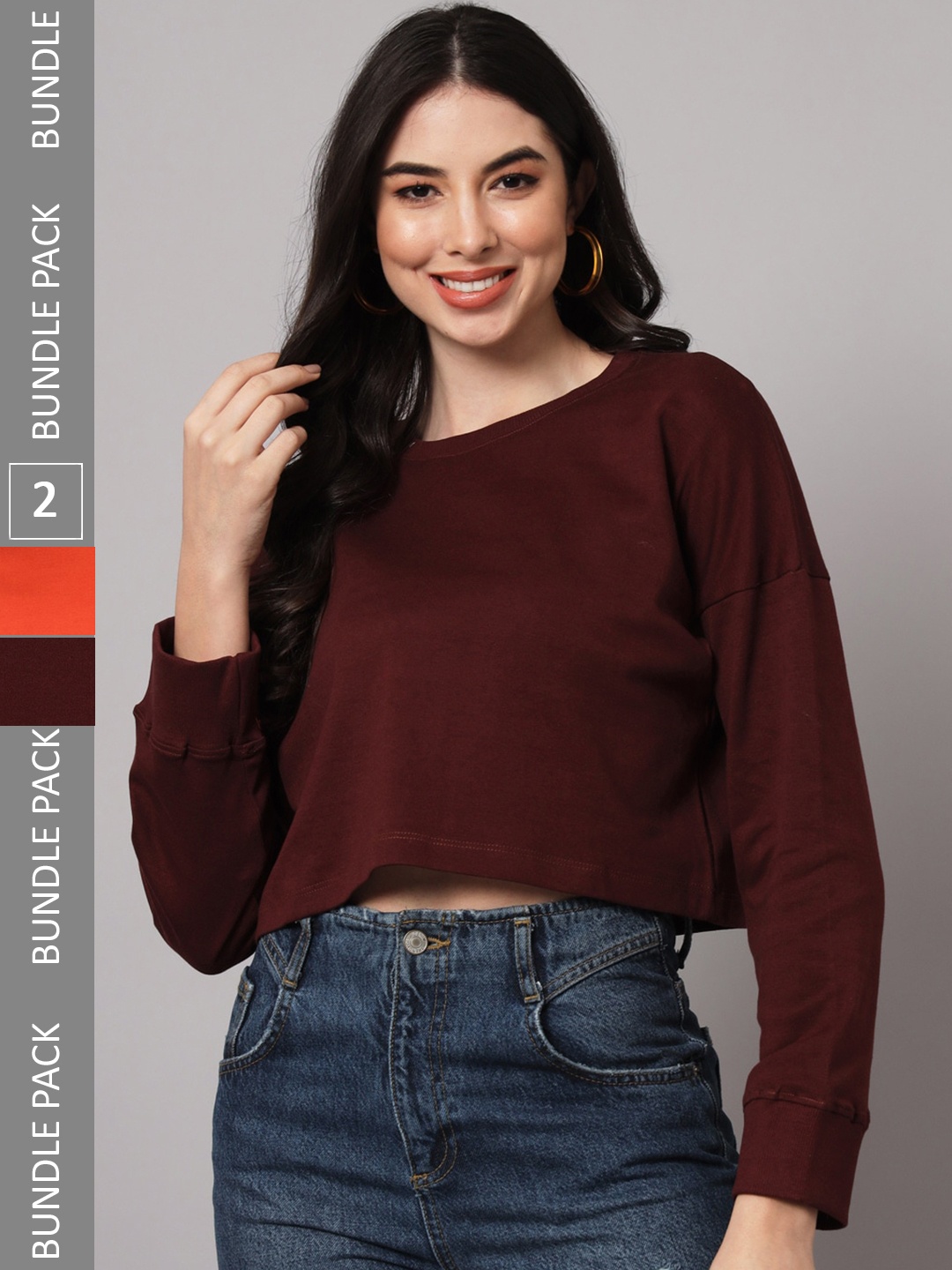

GUTI Women Pack of 2 Oversized Cotton Crop T-shirts, Brown