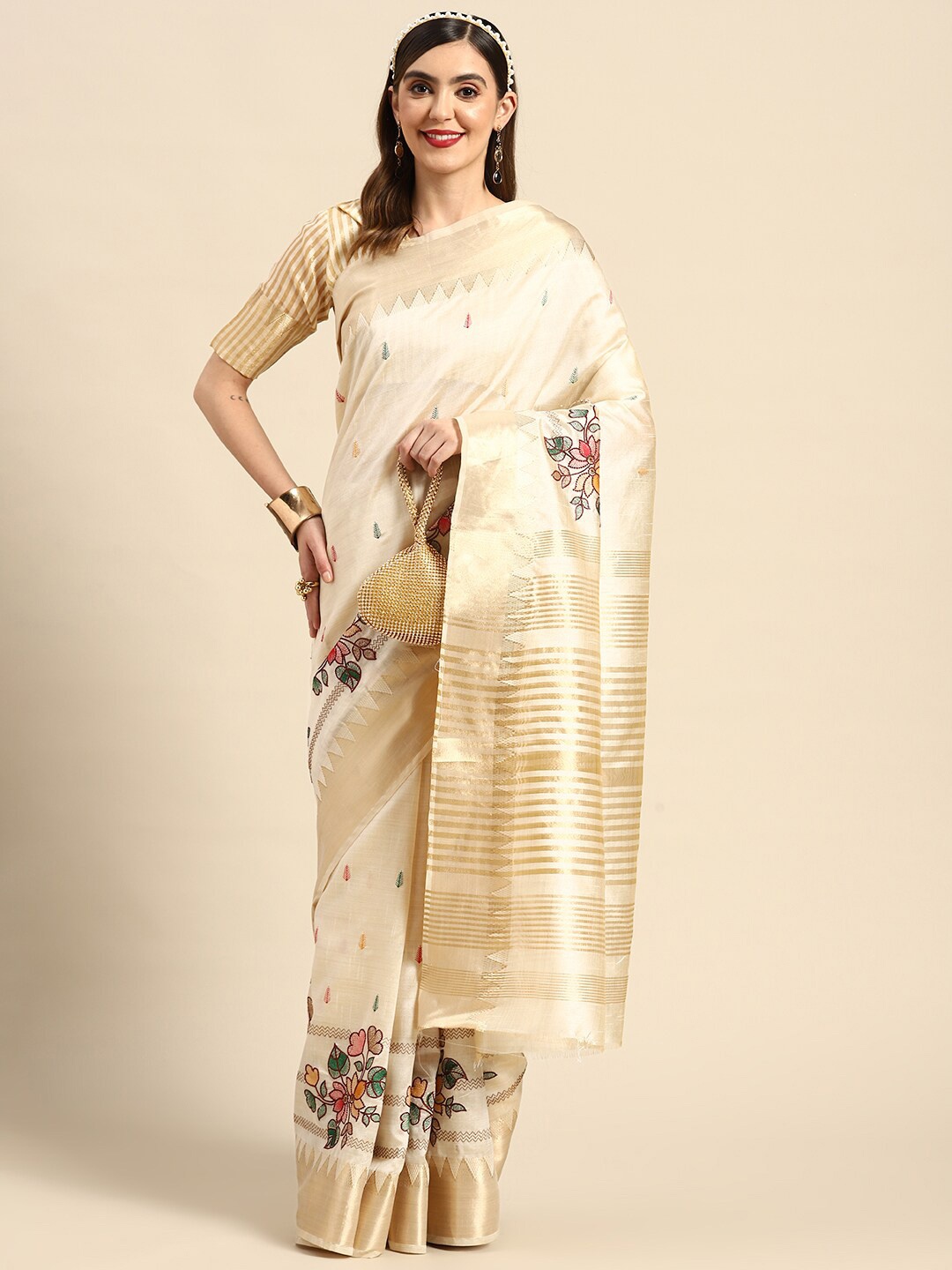 

Mitera White & Green Ethnic Motifs Embroidered Silk Cotton Saree