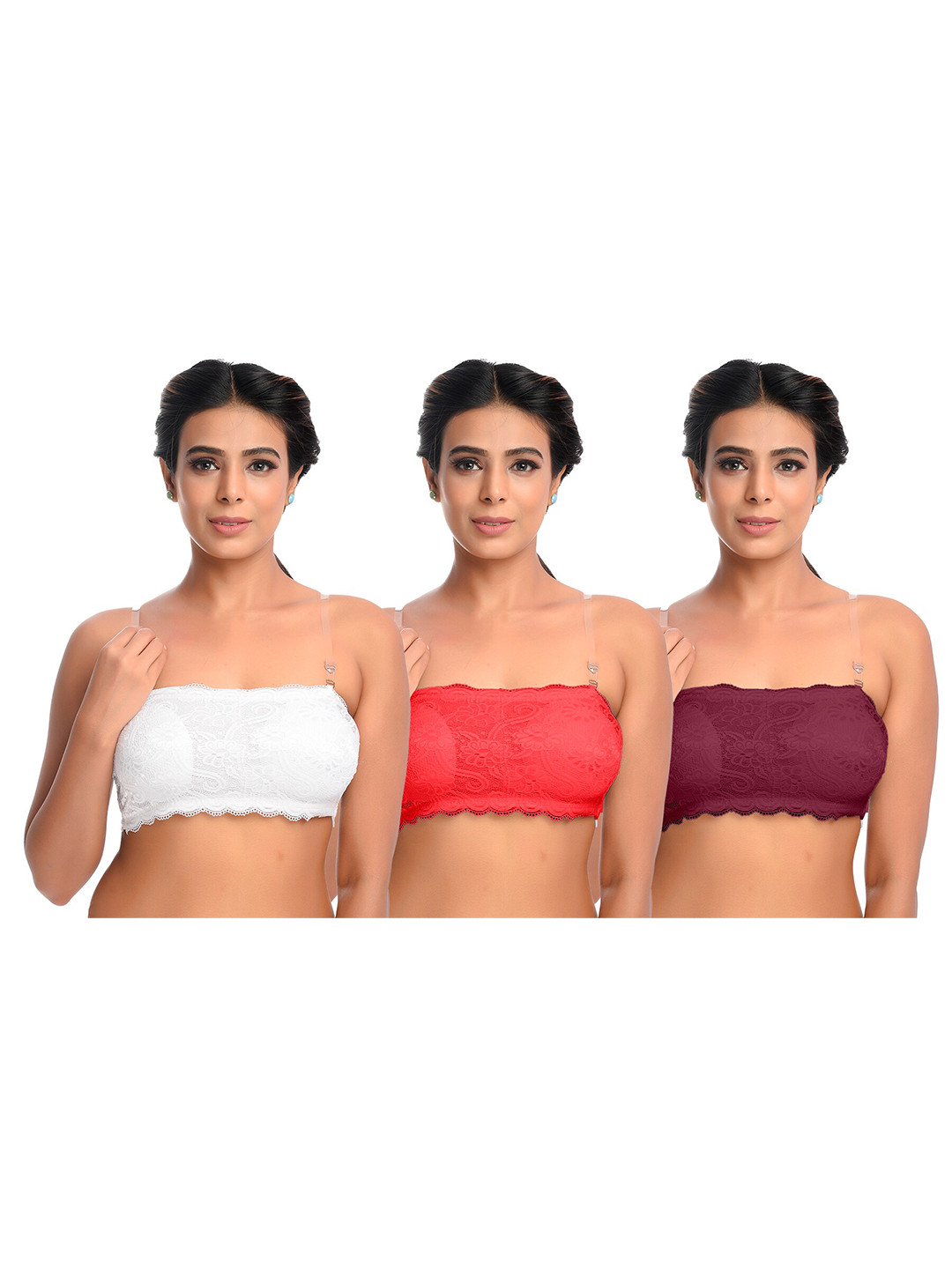 

SASHU Pack Of 3 Medium Coverage All Day Comfort Removable Padding Cotton Bandeau Bra, Red