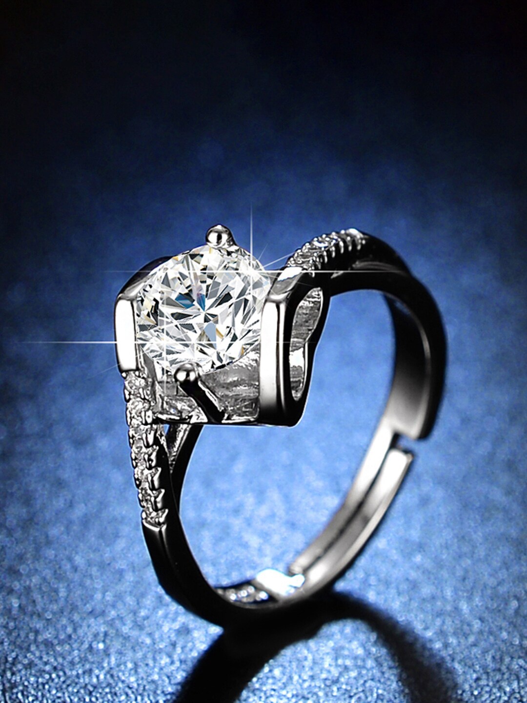 

Designs & You Silver-Plated Crystal Studded Adjustable Finger Ring