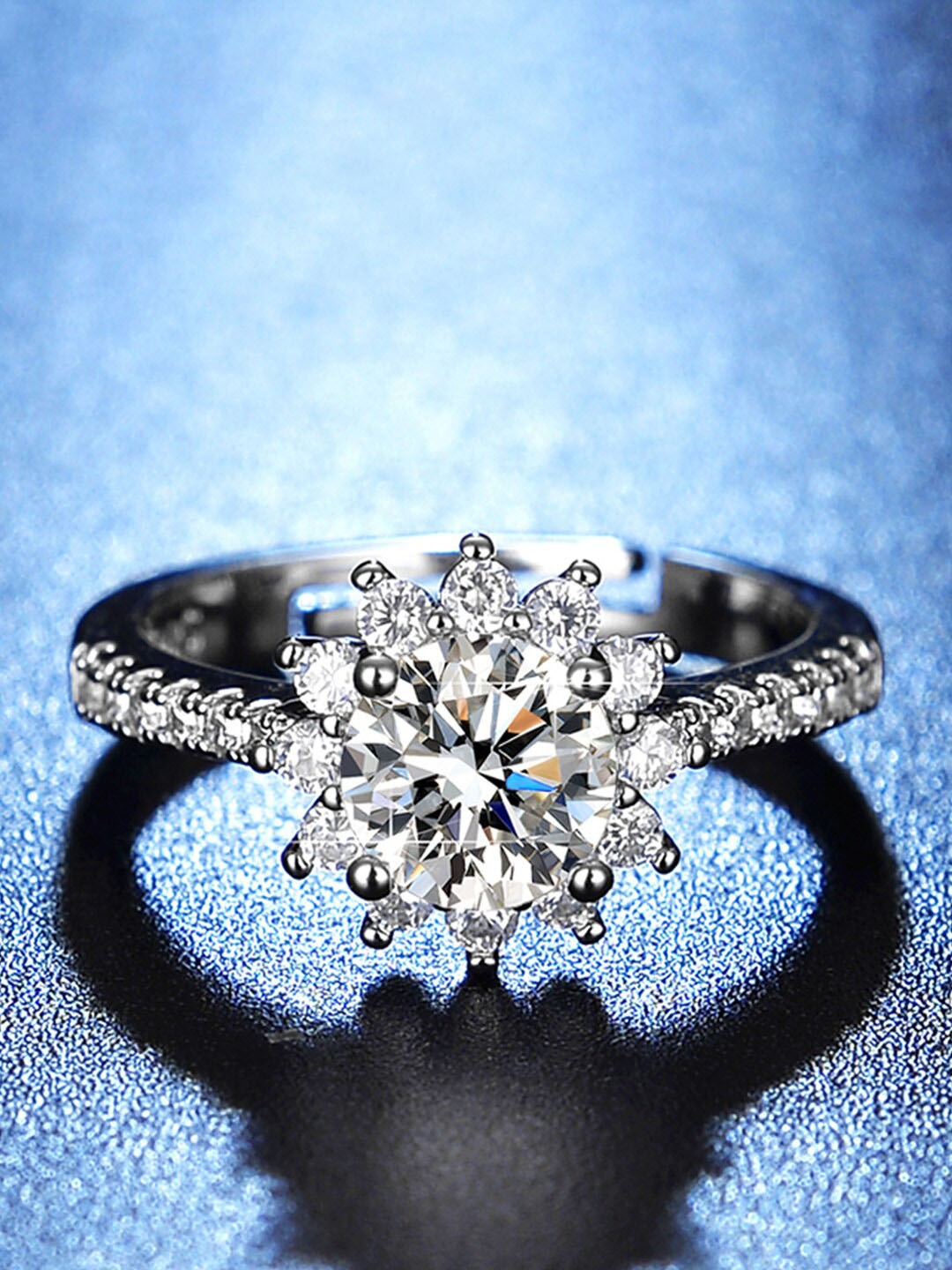 

Designs & You Silver-Plated American Diamond Studded Floral Finger Ring