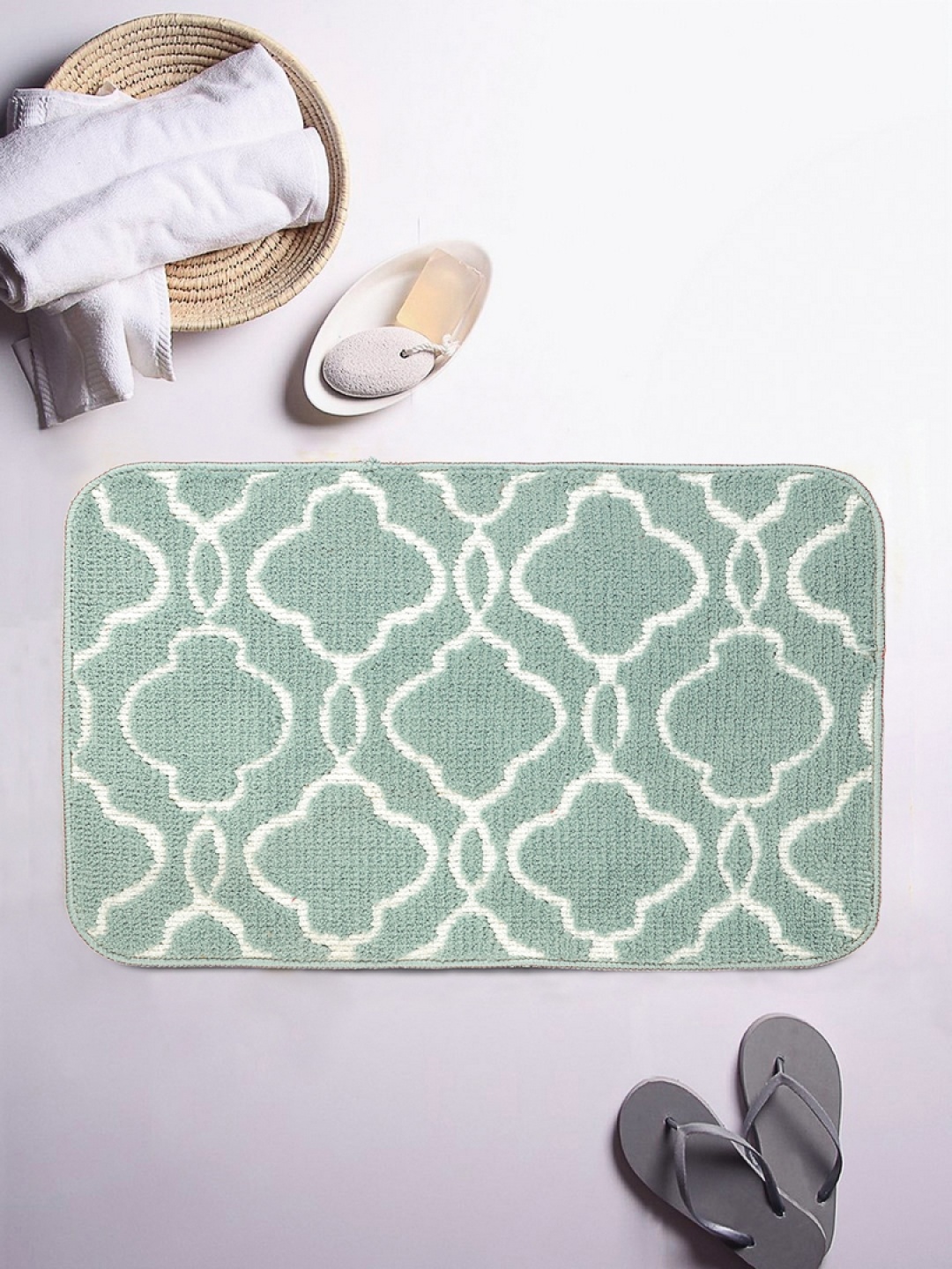 

ROMEE Sea Green & White Patterned Rectangular Printed Bath Rug