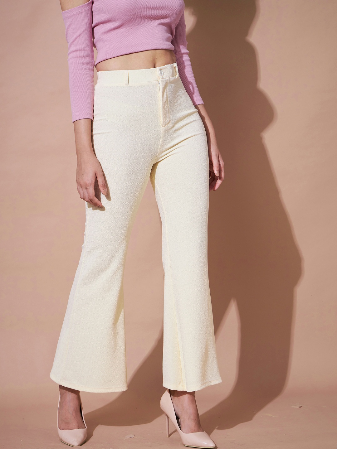 

SASSAFRAS BASICS Women Flared High-Rise Easy Wash Bootcut Trousers, Cream