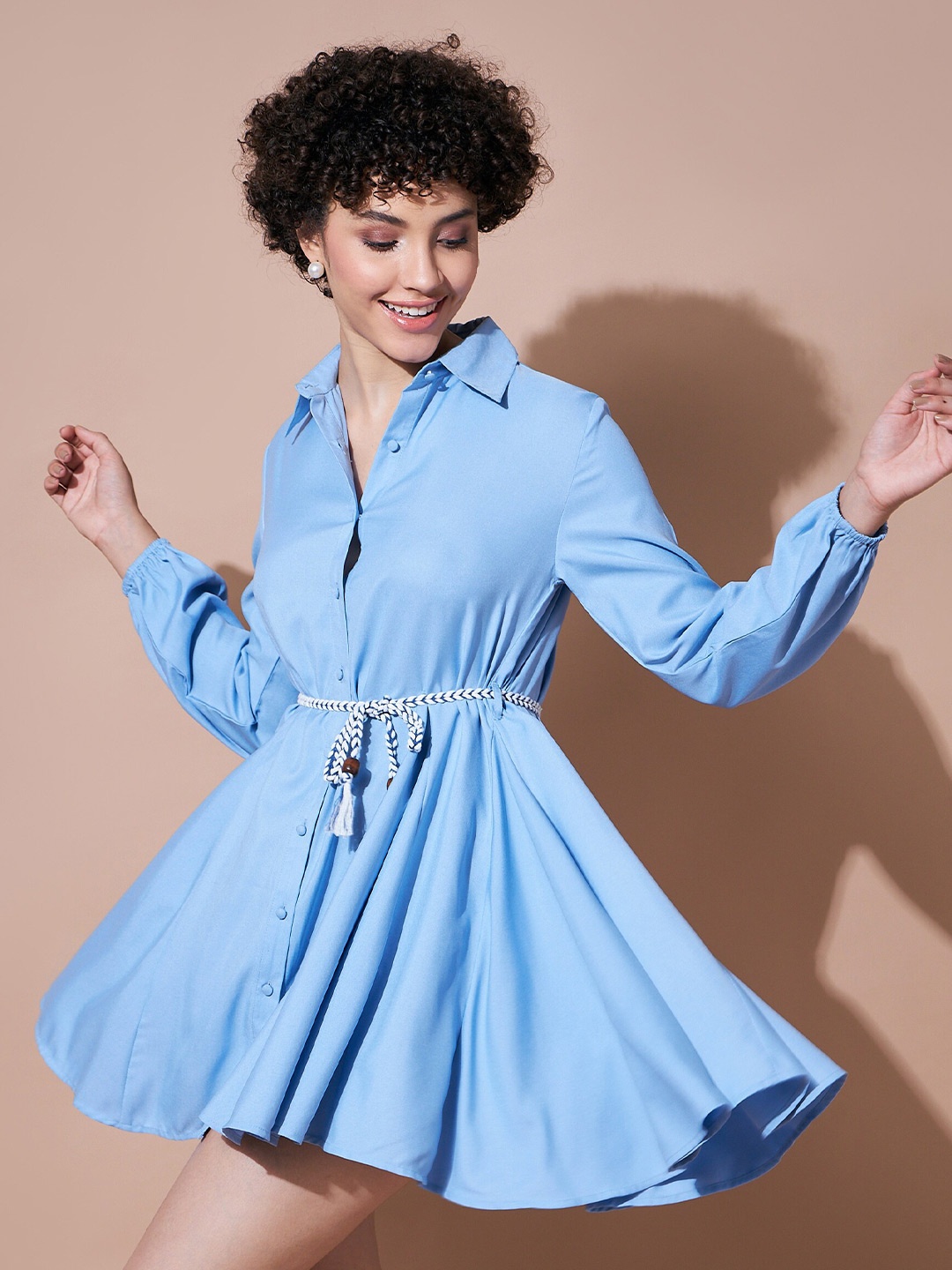 

SASSAFRAS BASICS Shirt Collar Belted Shirt Dress, Blue