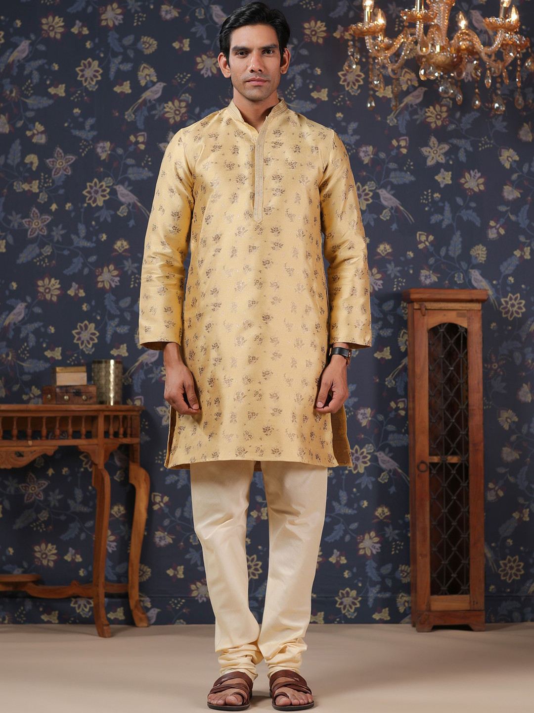 

House of Pataudi Floral Woven Design Straight Kurta With Churidar, Yellow