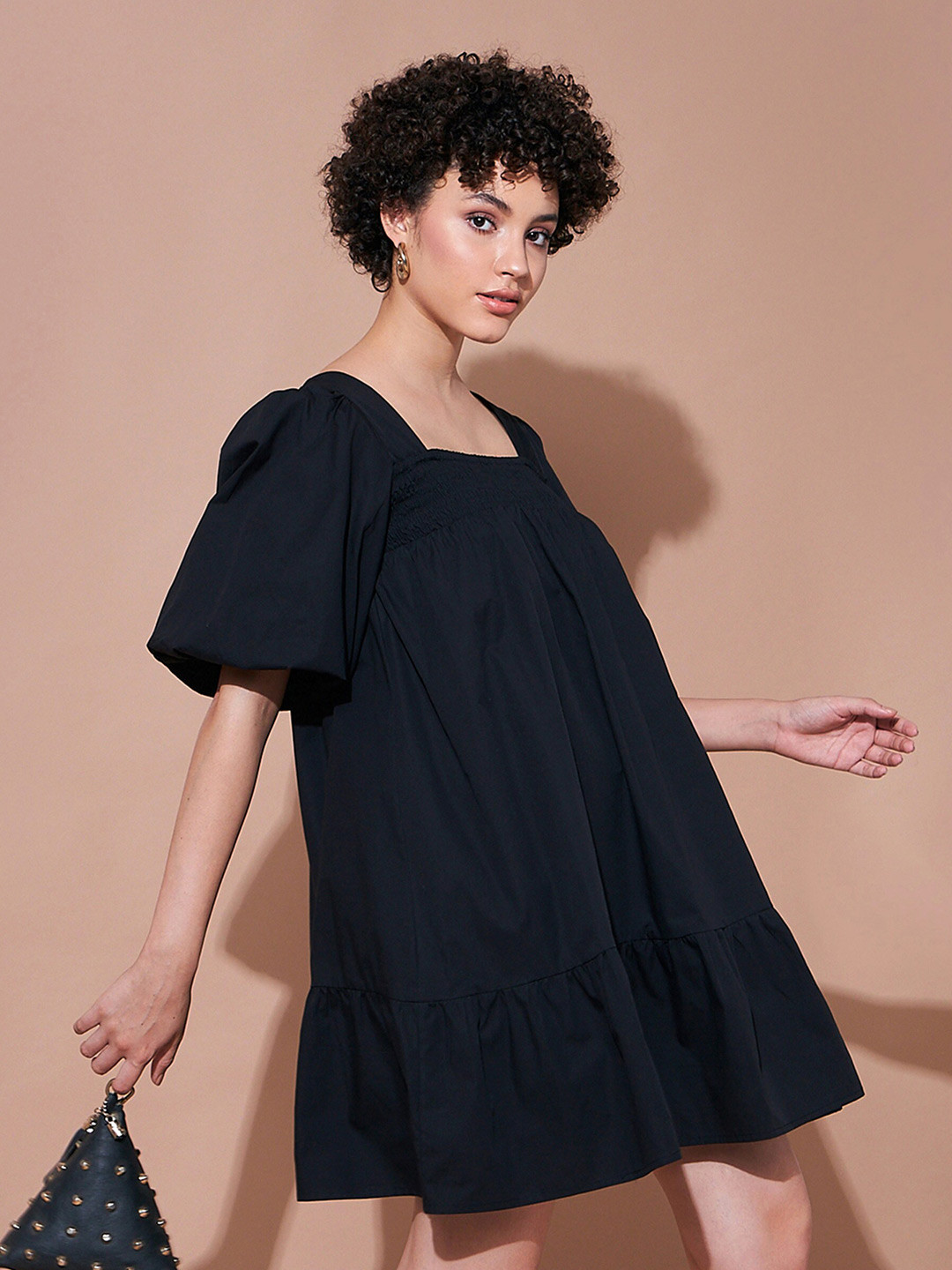 

SASSAFRAS BASICS Square Neck Puff Sleeves Pure Cotton A-Line Dress, Black