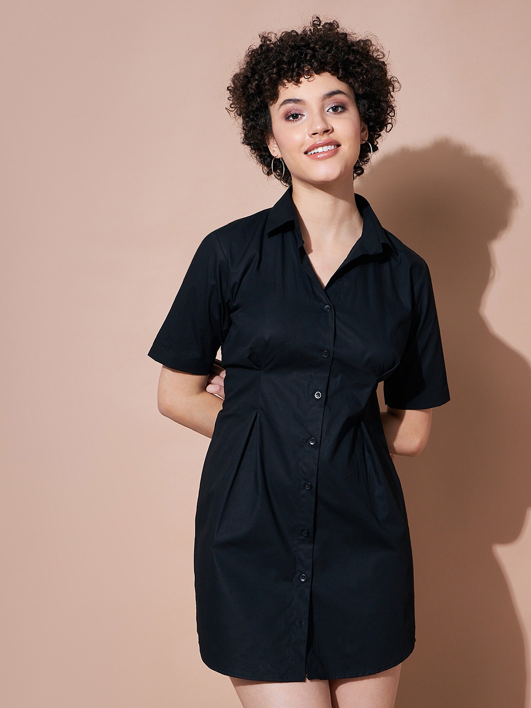 

SASSAFRAS BASICS Shirt Collar Pure Cotton Shirt Mini Dress, Black