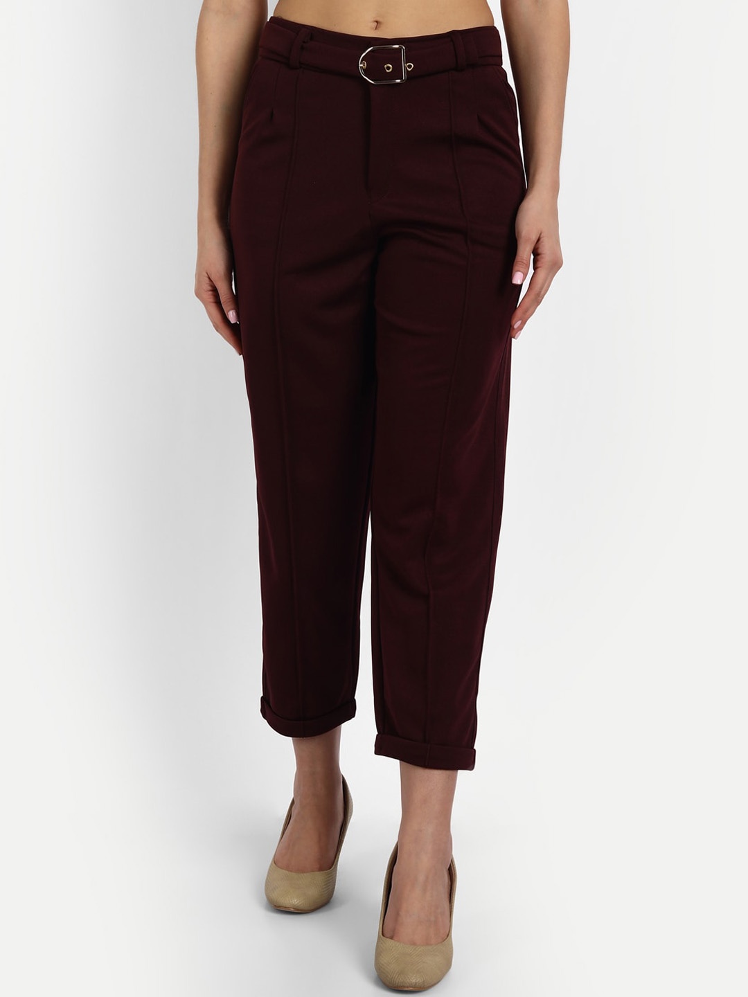 

BROADSTAR Women Smart Straight Fit High-Rise Easy Wash Pleated Cropped Trousers, Maroon