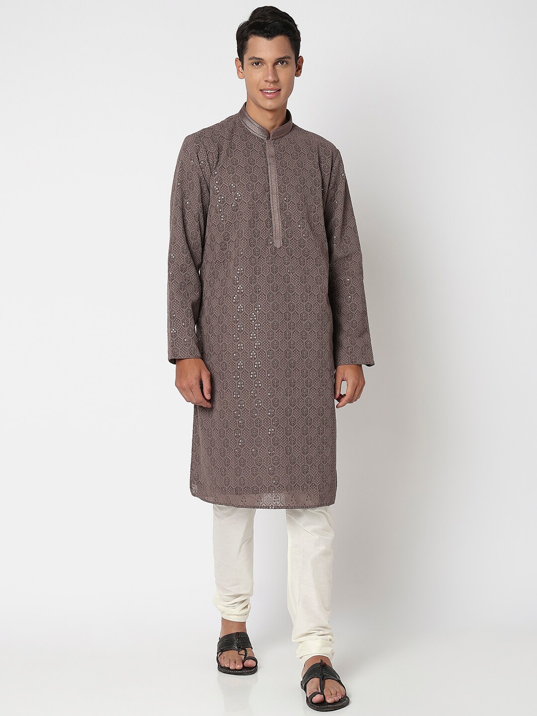 

Ethnicity Men Embroidered Regular Kurta With Churidar, Grey