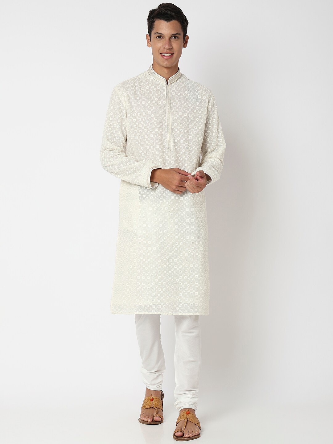 

Ethnicity Embroidered Straight Kurta With Churidar, White