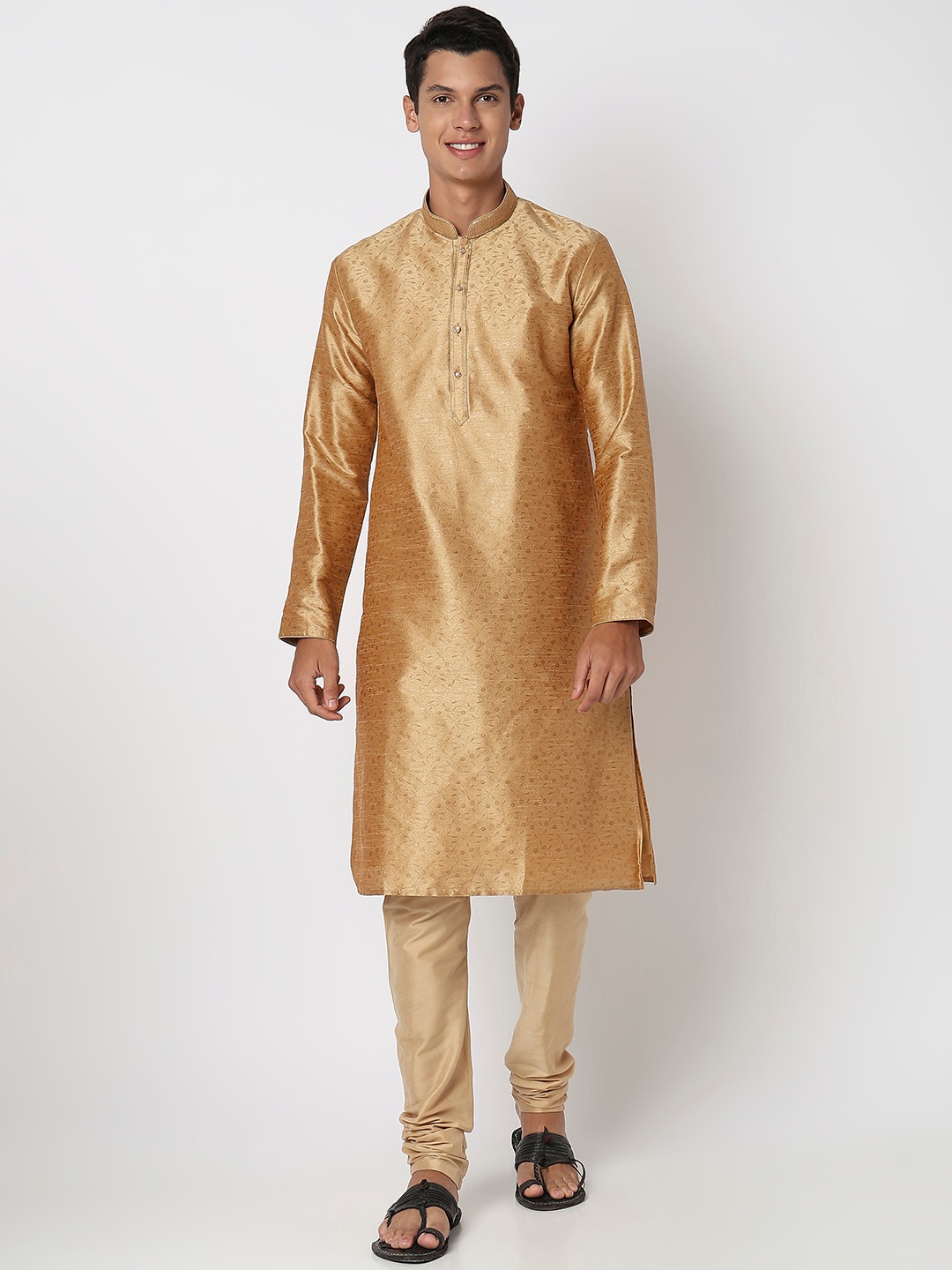 

Ethnicity Men Gold-Toned Ethnic Motifs Regular Kurta with Churidar