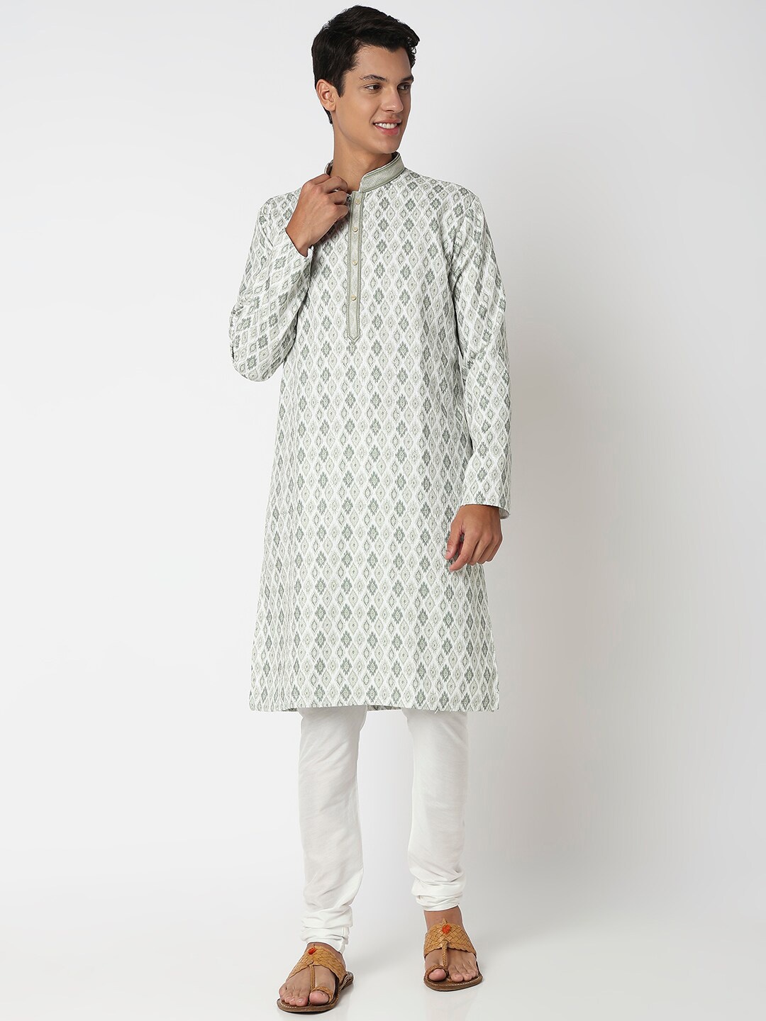

Ethnicity Printed Pure Cotton Straight Kurta With Churidar, Green