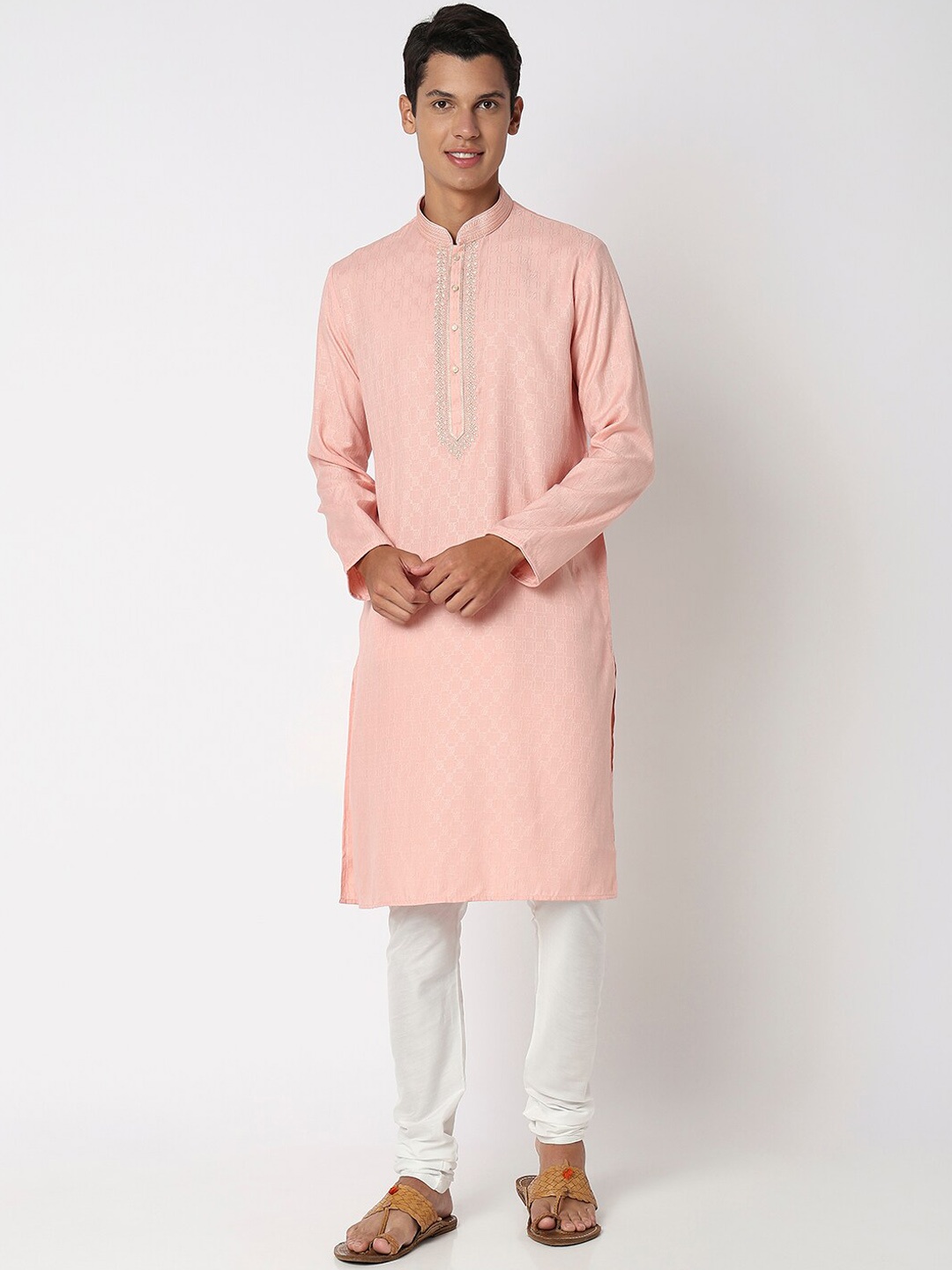 

Ethnicity Men Pink Ethnic Motifs Regular Thread Work Kurta with Churidar