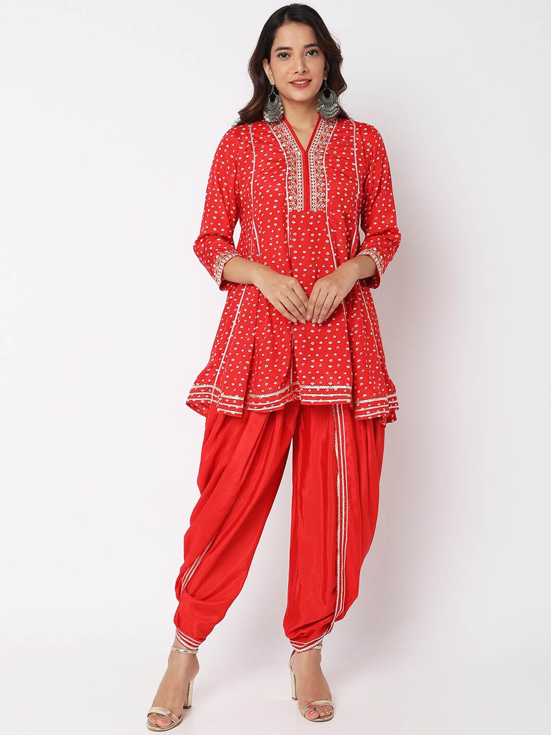 

Ethnicity Printed V-Neck A-Line Kurti Top & Dhoti Pants, Red