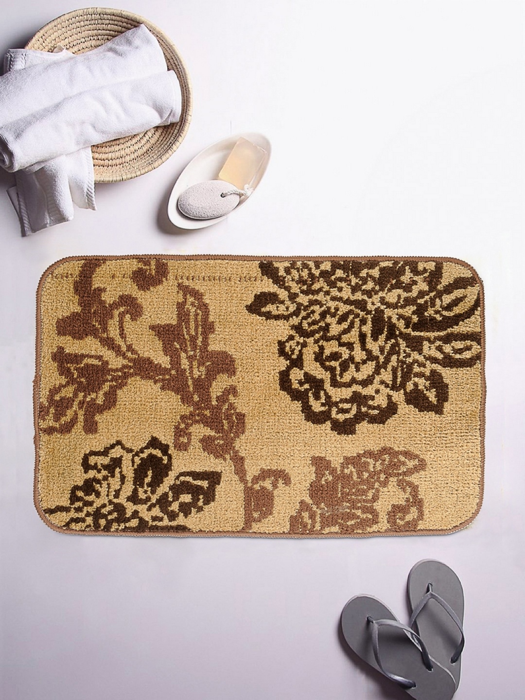 

ROMEE Beige Floral Rectangular Patterned Bath Rug