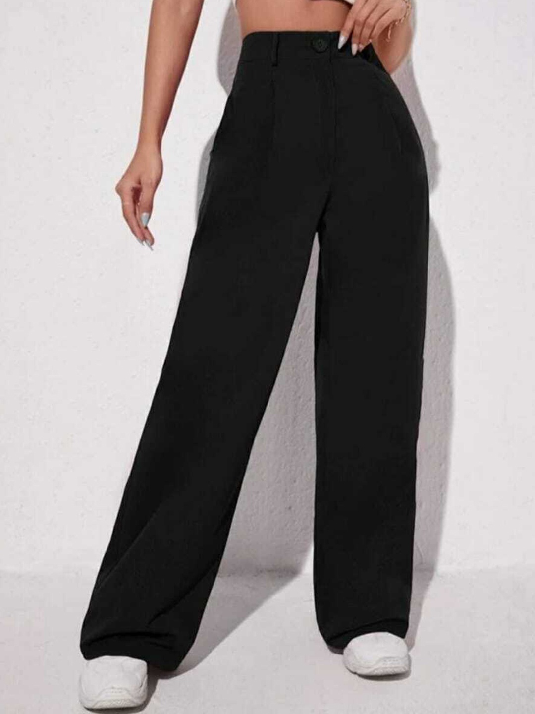 

Next One Women Smart Loose Fit High-Rise Easy Wash Pleated Parallel Trousers, Black