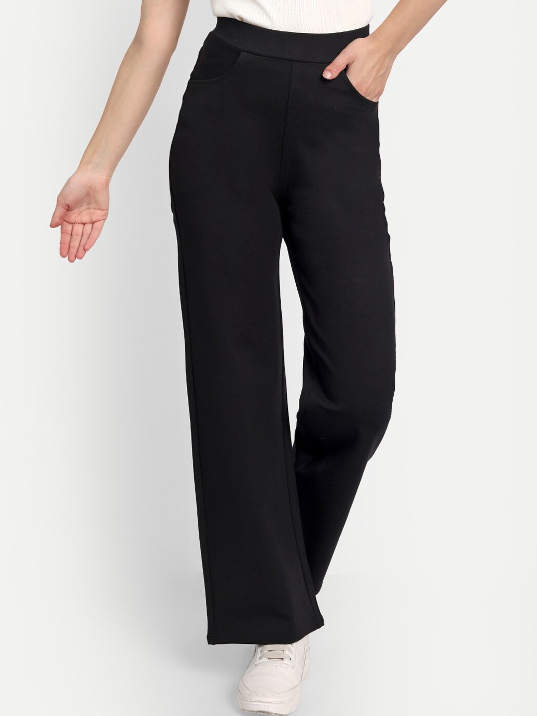 

Next One Women Smart Straight Fit High-Rise Easy Wash Parallel Trousers, Black