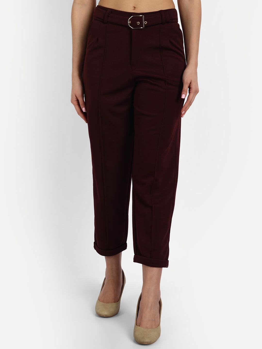 

Next One Women Smart Straight Fit High-Rise Easy Wash Pleated Trousers, Maroon