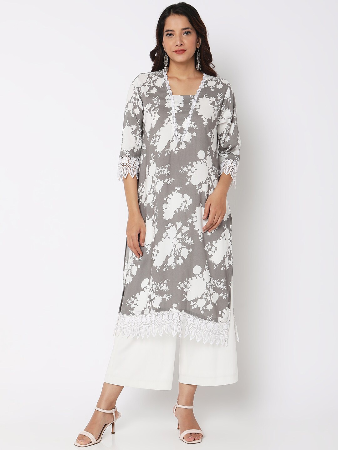 

Ethnicity Lace Work Floral Printed Straight Kurta, Grey