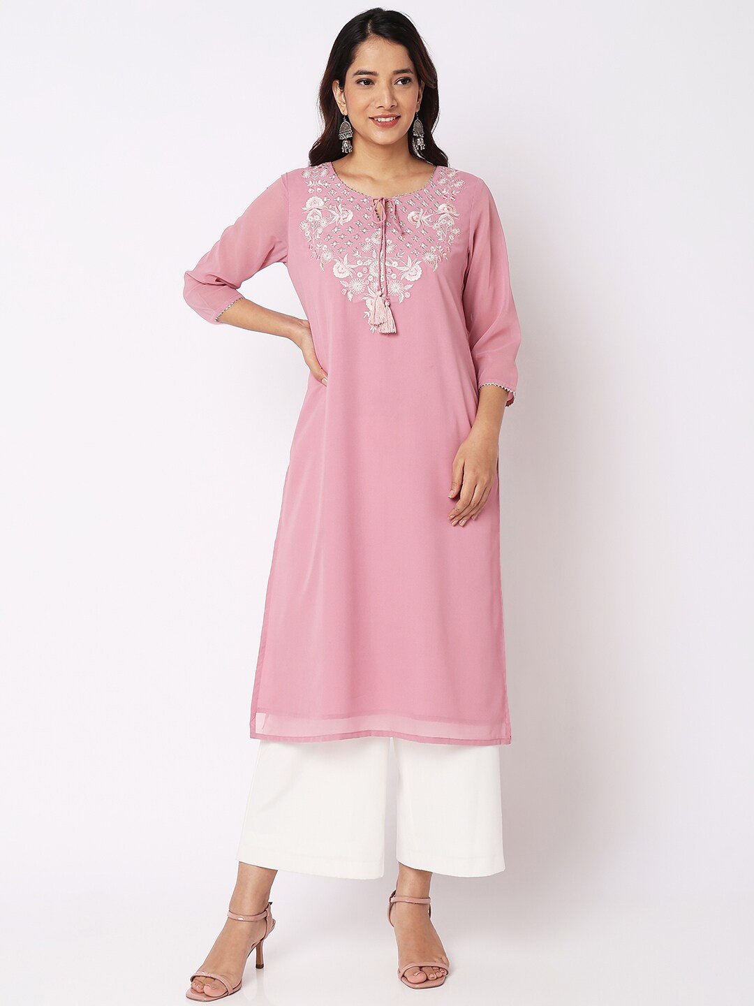 

Ethnicity Tie-Up Neck Floral Embroidered Gotta Patti Kurta, Pink