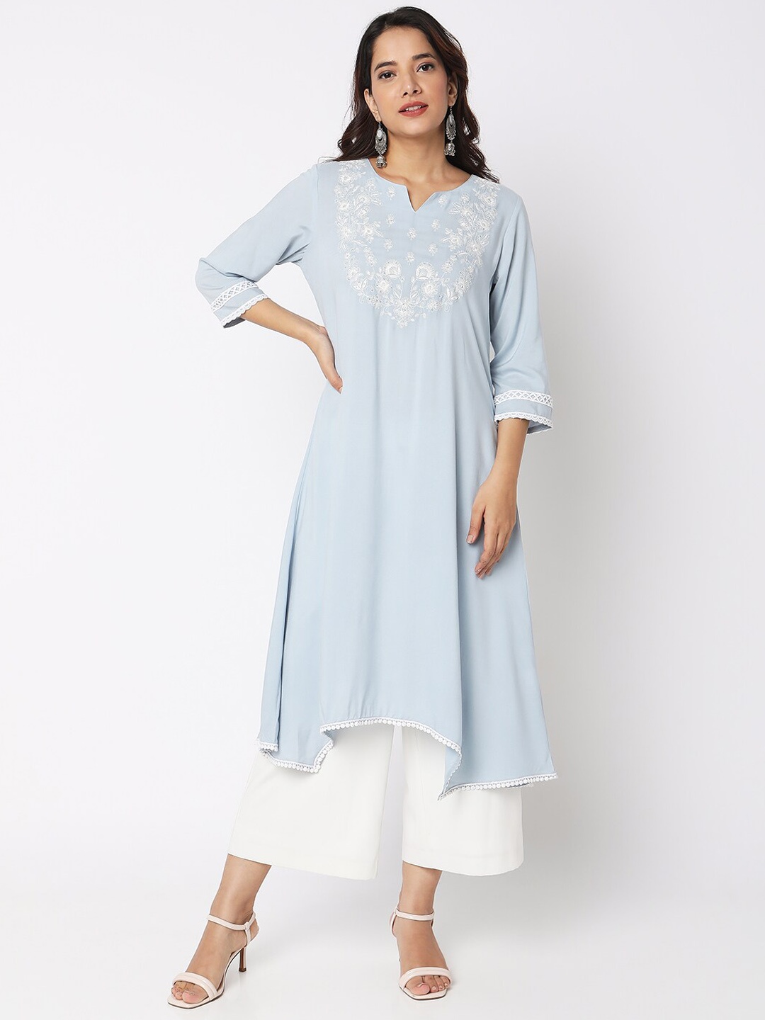

Ethnicity Asymmeteric Floral Embroidered Sequined Straight Kurta, Blue