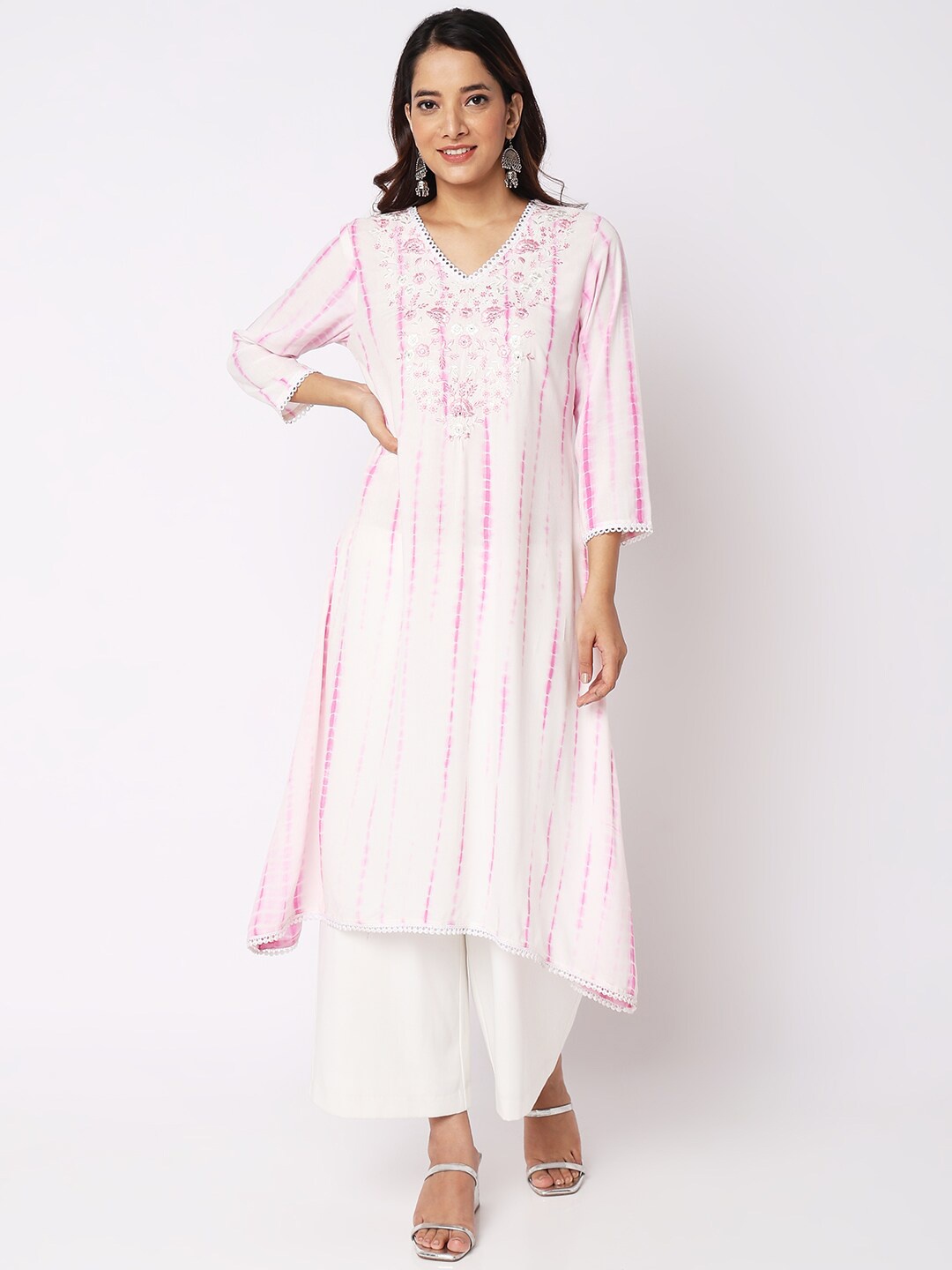 

Ethnicity Floral Embroidered A-Line Kurta, Pink