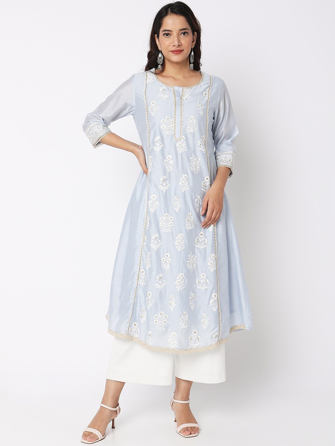 

Ethnicity Floral Embroidered A-Line Kurta, Blue